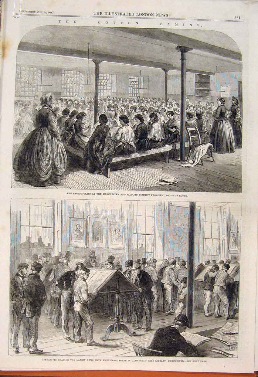 Original Old Antique Print Cotton Famine Manchester Salford Mill School 1862