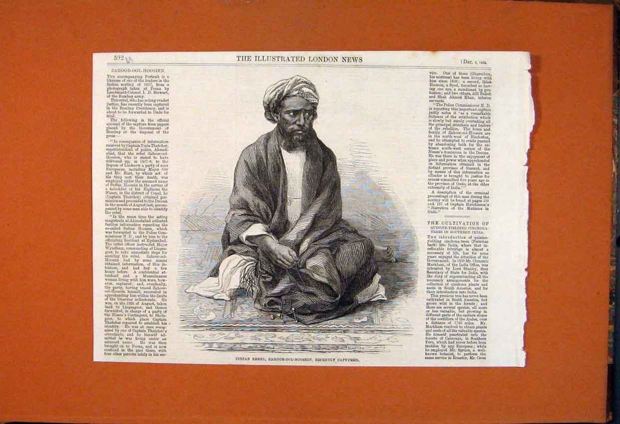 Original Old Antique Print Indian Rebel Zahoor-Ool-Hoosein Portrait 1862 19th