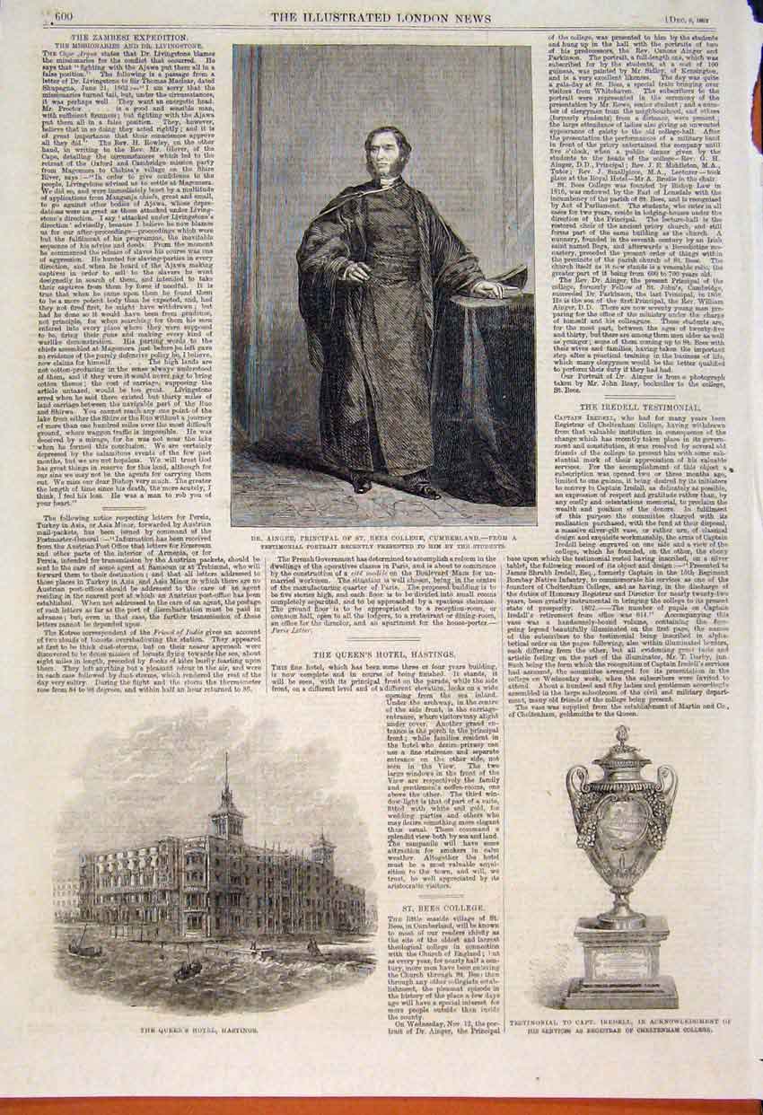 Original Old Antique Print Portrait Ainger Bees College Cumberland Hastings 1862