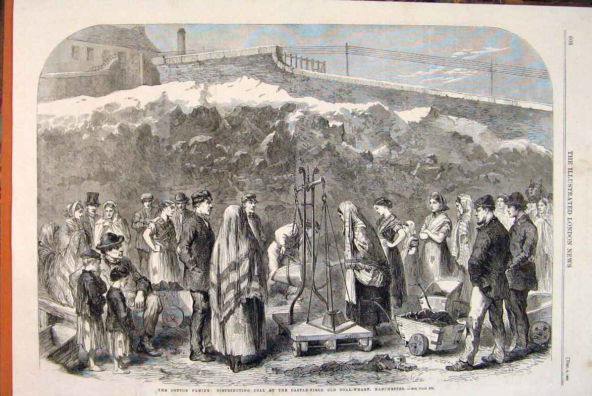 Original Old Antique Print Cotton Famine Coal Castle-Field Manchester 1862 19th