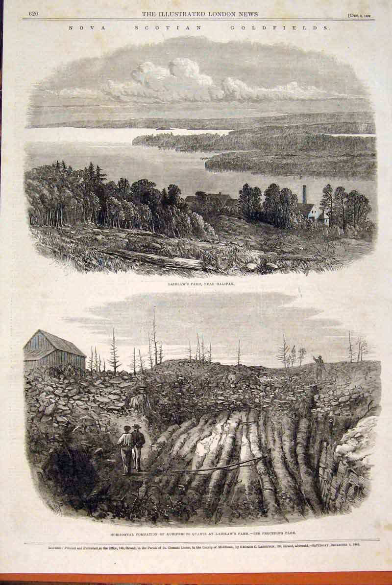 Original Old Antique Print Nova Scotia Gfields Halifax Laidlaw Quartz 1862 19th