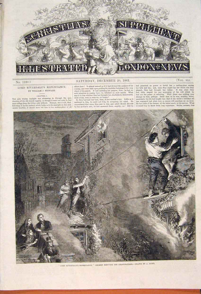 Original Old Antique Print Riverdale Repentance George Rescue Hunt Fine Art 1862