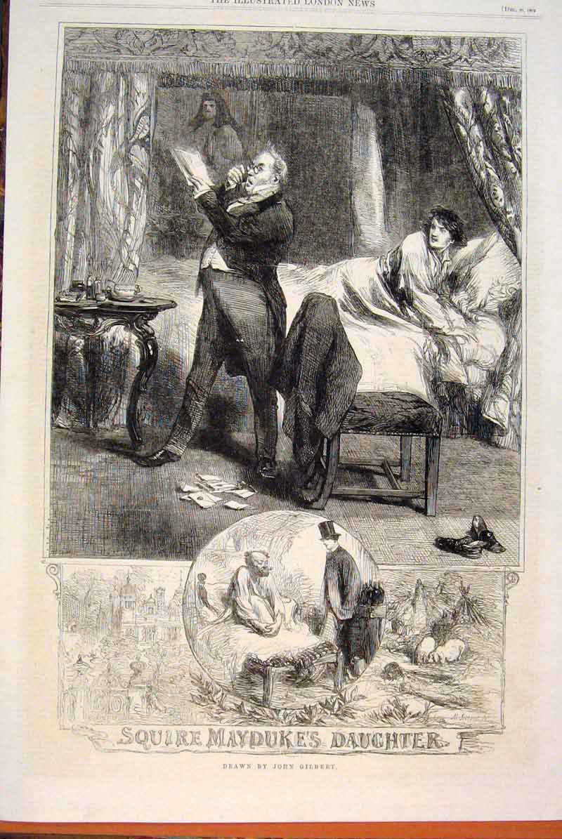 Original Old Antique Print Squire Mayduke Daughter Gilbert Sketches 1862 19th