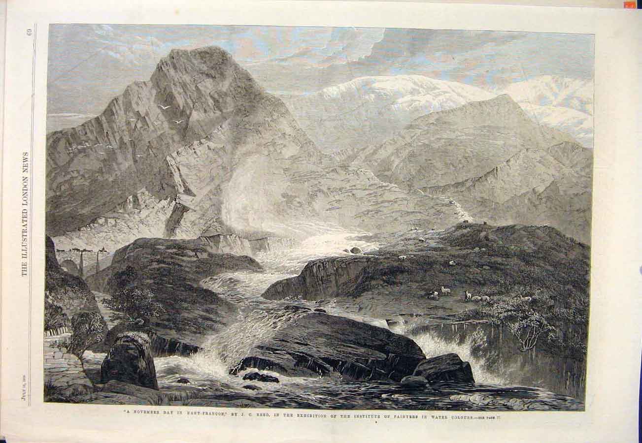 Original Old Antique Print Nant-Francon Reed November River Mountain Sheep 1864
