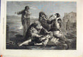 Original Old Antique Print Saved Topham Beach Sea Life Child Drown Fine Art 1864