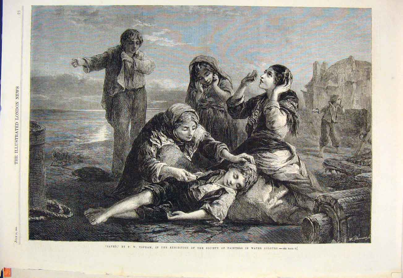 Original Old Antique Print Saved Topham Beach Sea Life Child Drown Fine Art 1864