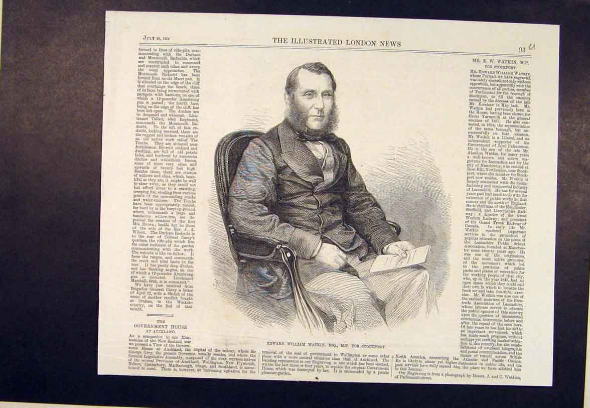 Original Old Antique Print Portrait Watkin Stockport Edward William 1864 19th