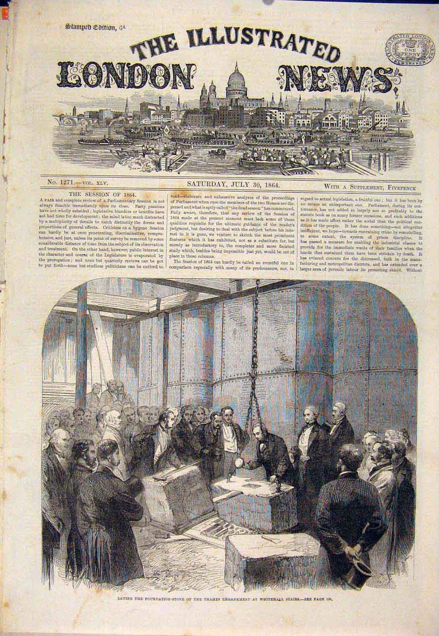 Original Old Antique Print Whitehall Thames Foundation Stone 1864 19th