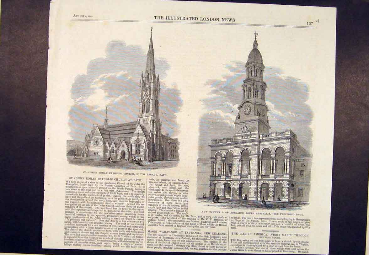 Old Antique Print St John'S Roman Catholic Church Bath Adelaide Australia