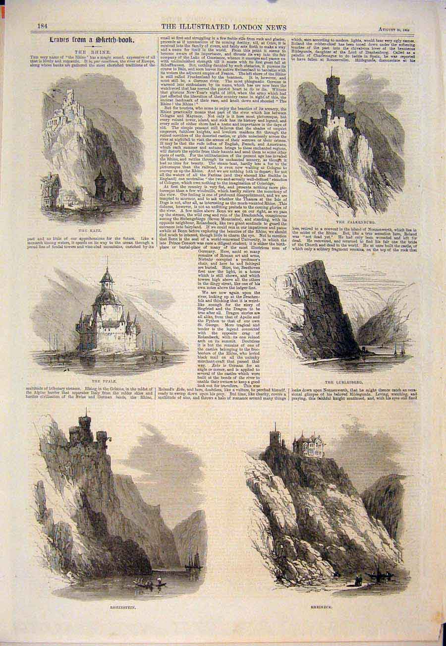 Original Old Antique Print Rhine River Germany Katz Falkenburg Rheinstein 1864