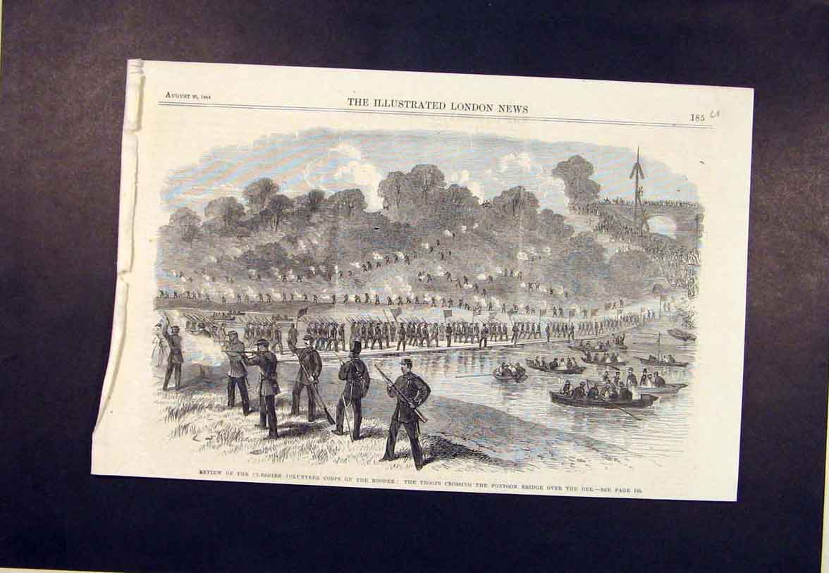 Old Antique Print Cheshire Volunteer Roodee River Pontoon Bridge Dee 1864 19th