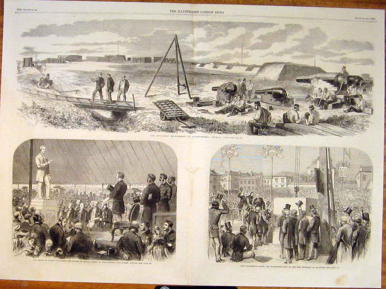 Old Antique Print Artillary Shoeburyness Palmerston Bradford Statue 1864 19th