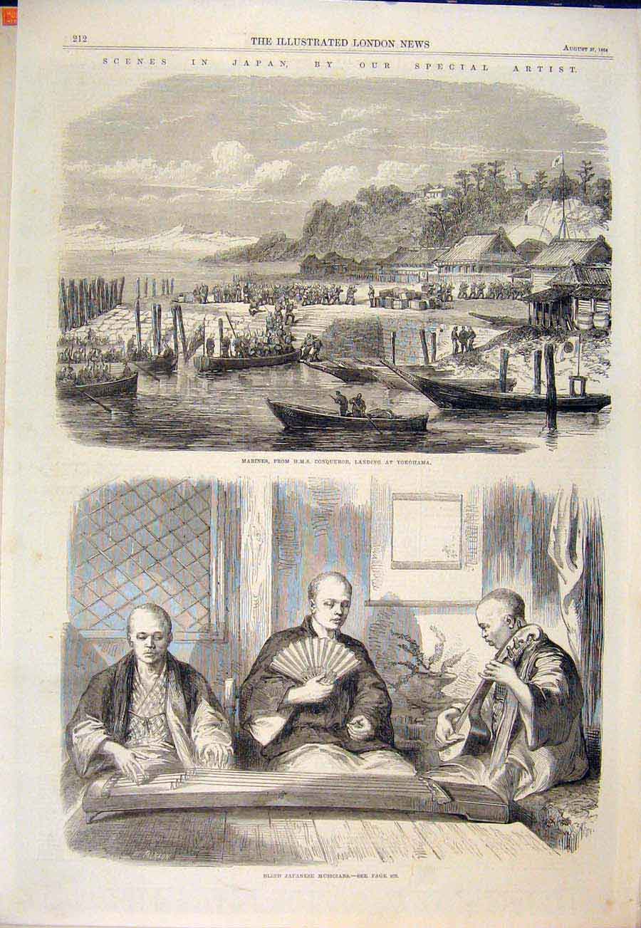 Original Old Antique Print Japan Japanese Hms Conqueror Yokohama Musicians 1864