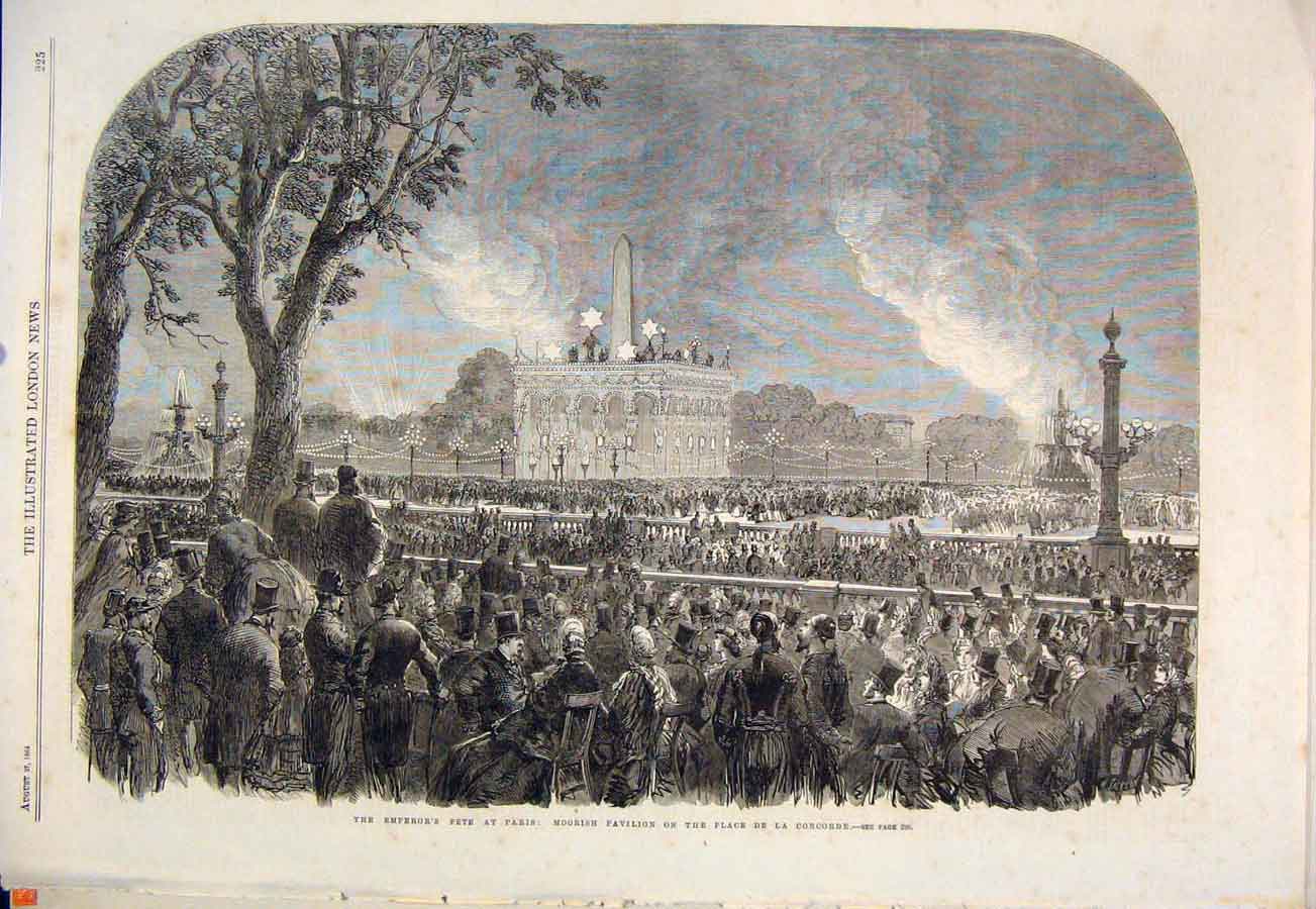 Original Old Antique Print Emperor Fete Paris France Moorish Pavilion 1864 19th