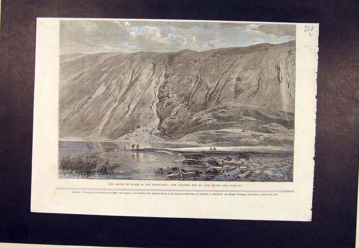 Original Old Antique Print Scotland Loch Muich Highlands Prince Wales 1864 19th