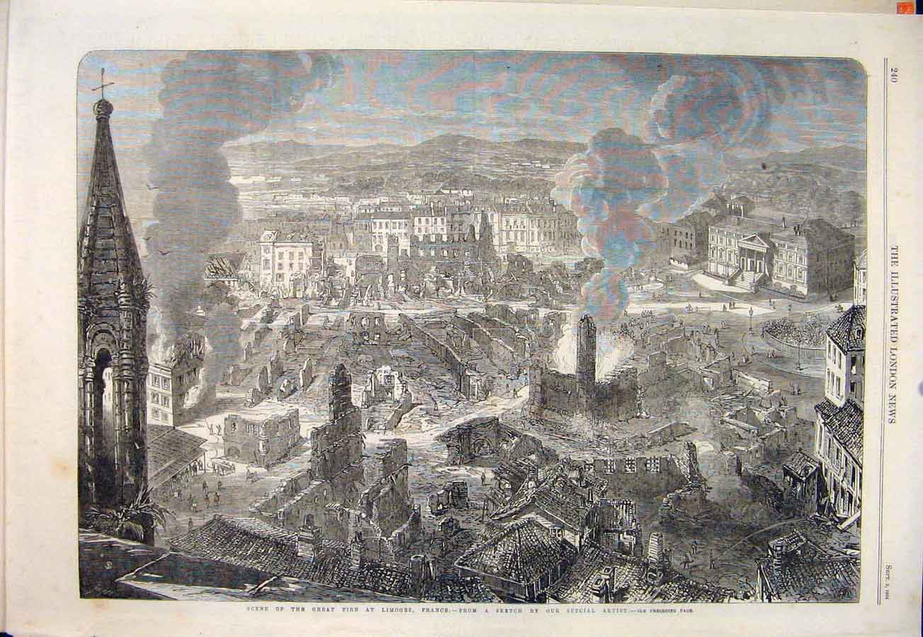 Original Old Antique Print Great Fire Limoges France Ruins Fete Napoleon 1864