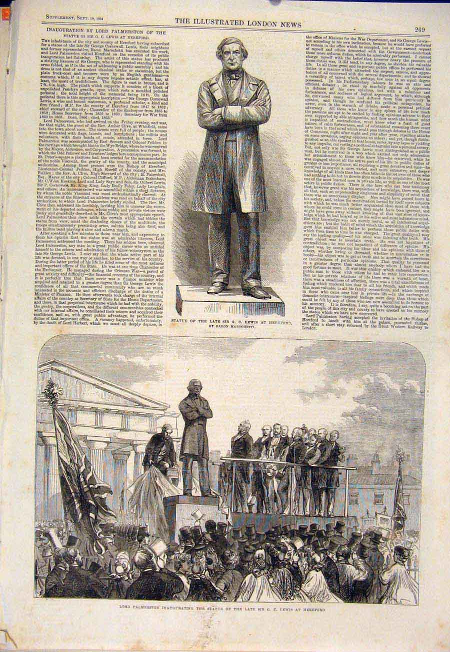Original Old Antique Print Statue Lewis Hereford Palmerston 1864 19th