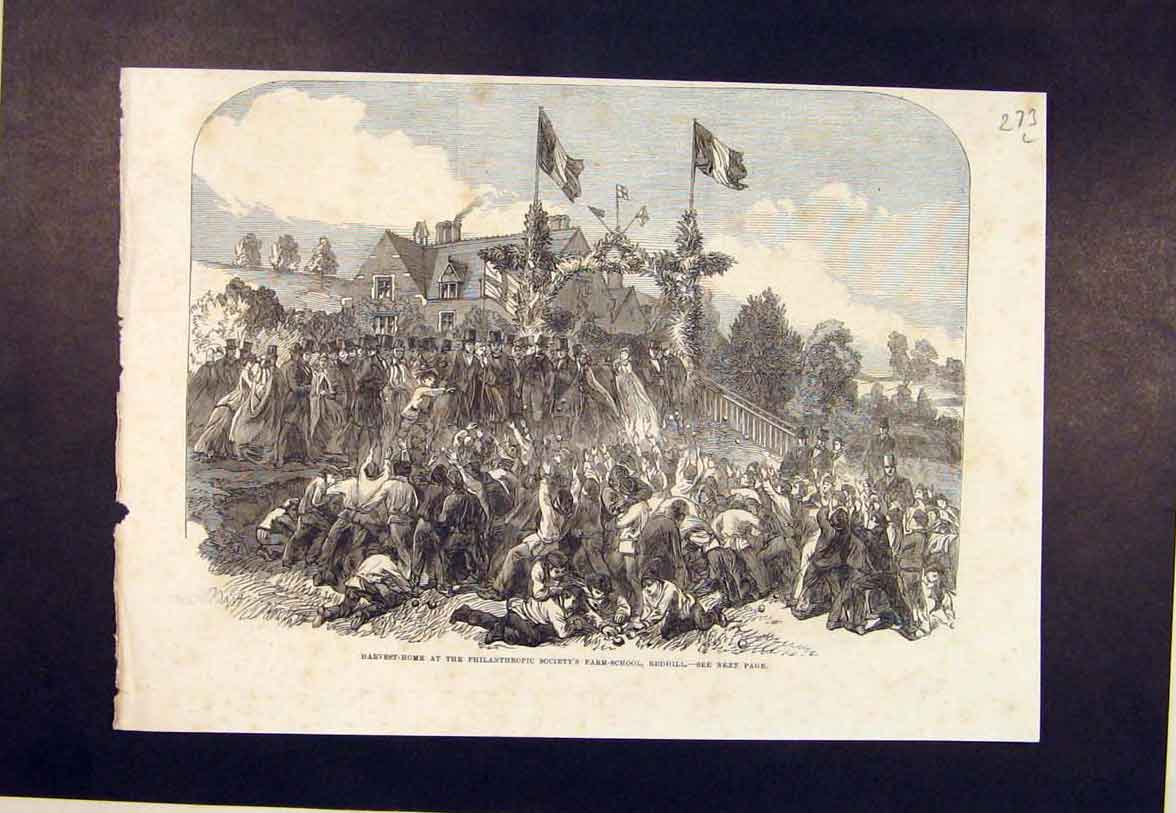Old Antique Print Redhill Philanthropic Society Farm School Harvest 1864 19th