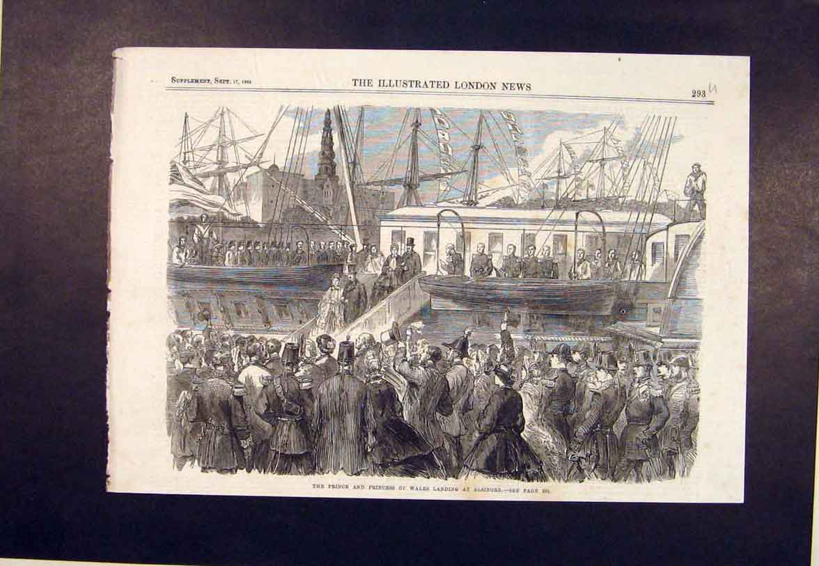 Original Old Antique Print Elsinore Prince Princess Wales Ship Royal 1864 19th