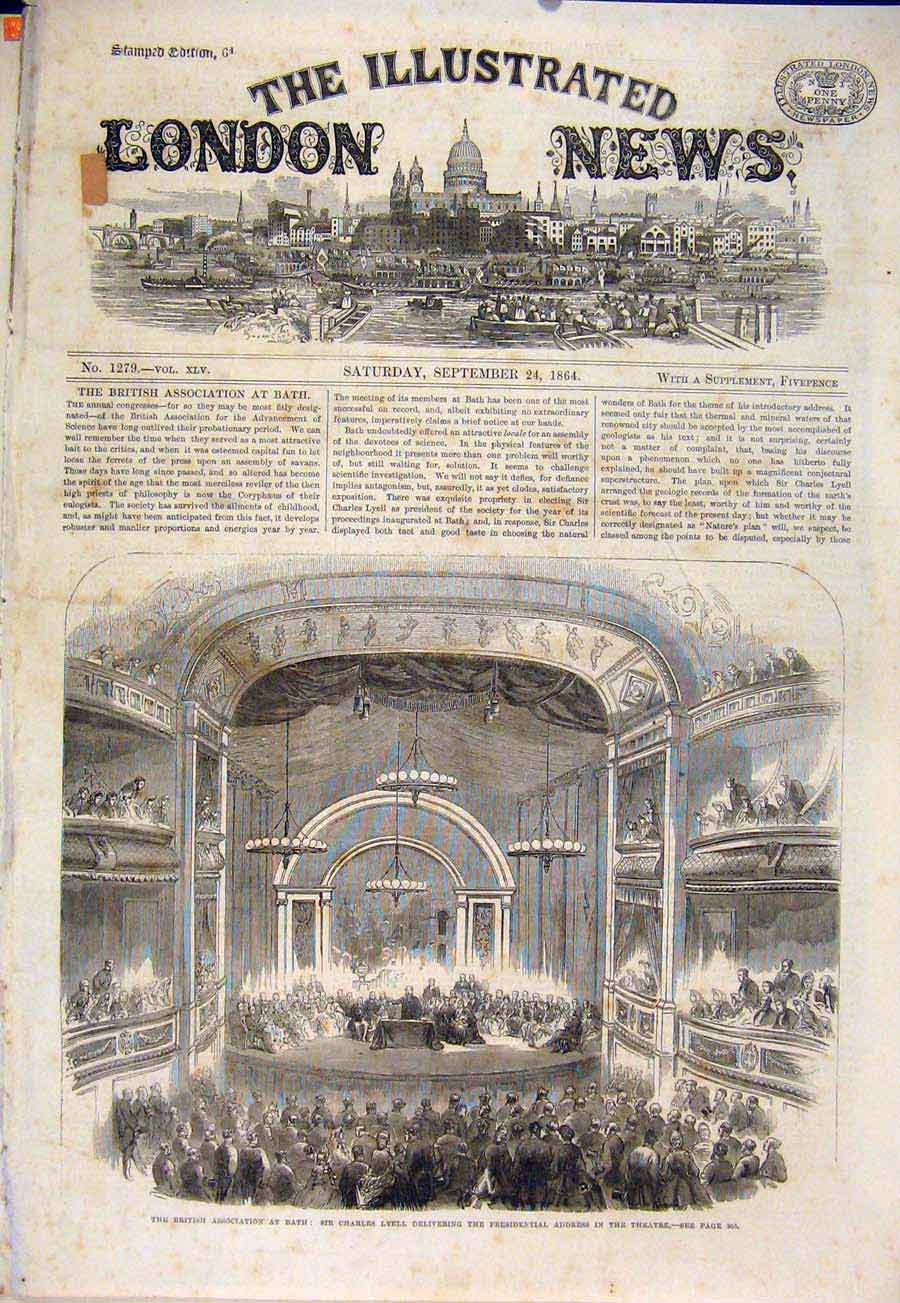 Original Old Antique Print Bath Thaetre Lyell British Association 1864 Victorian