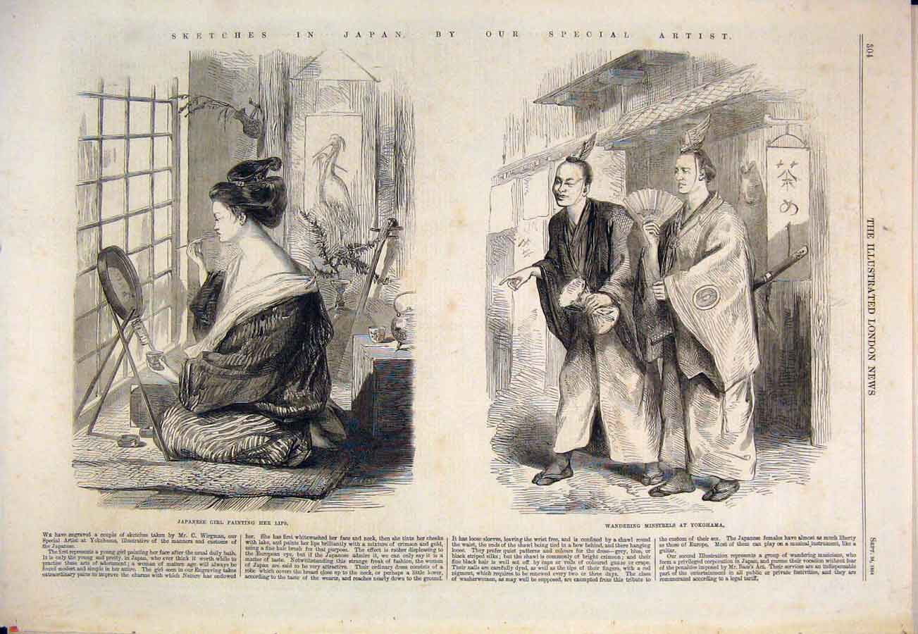Original Old Antique Print Japan Japanese Gilr Minstrels Yokohama 1864 Victorian