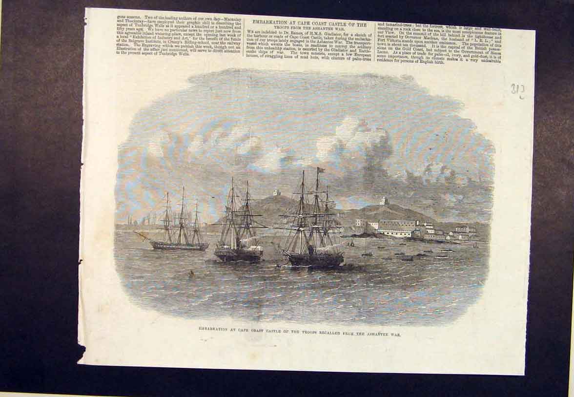 Old Antique Print Cape Coast Castle Troops Ashantee War Ship Fleet 1864 19th