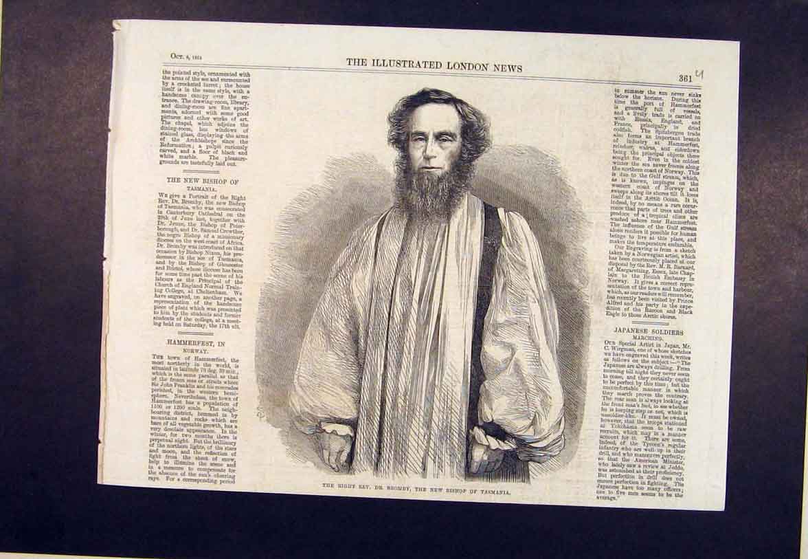 Original Old Antique Print Portrait Tasmania Bishop Bromby Reverend 1864 19th