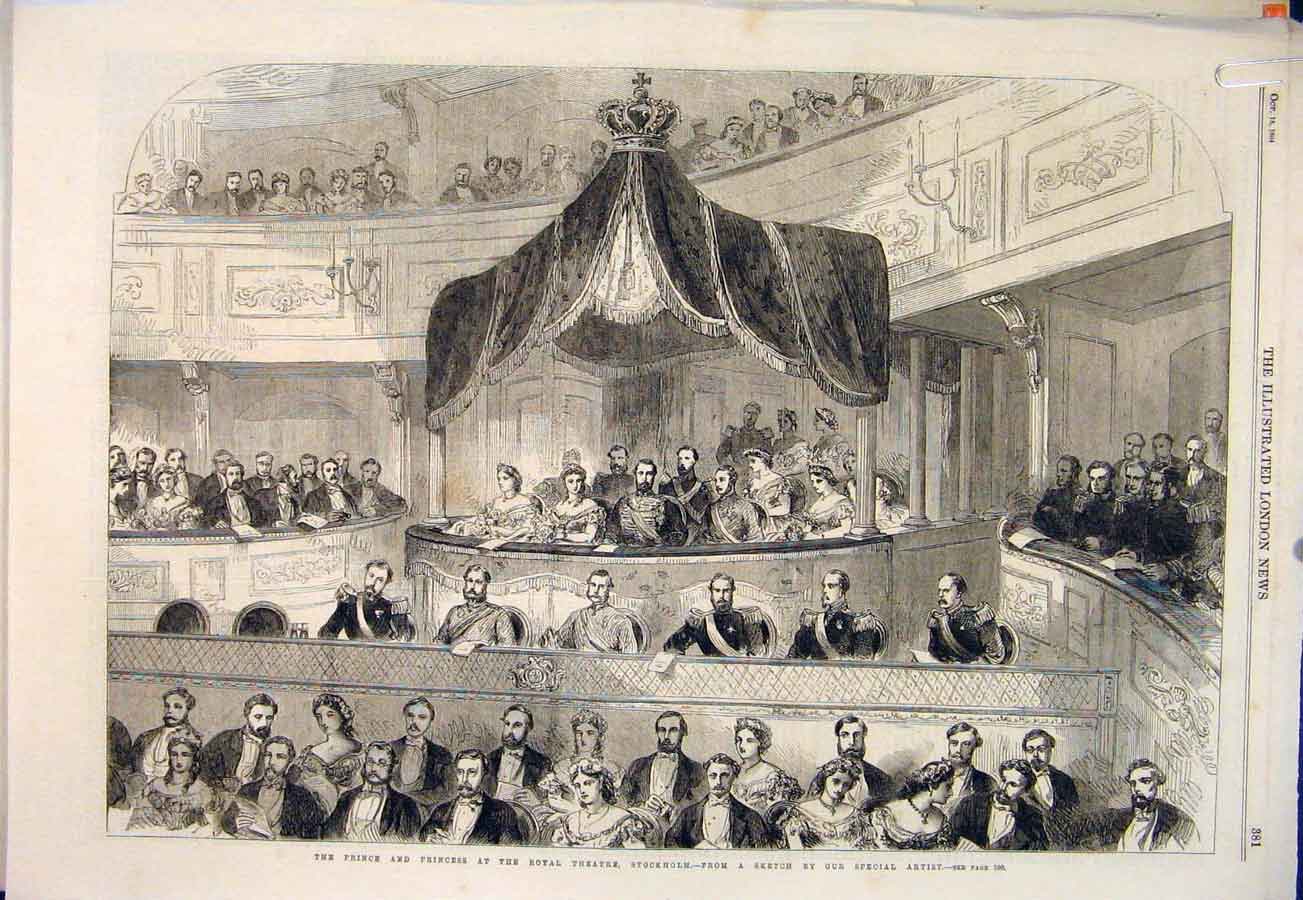 Original Old Antique Print Royal Theatre Stcokholm Sweden Prince Wales 1864