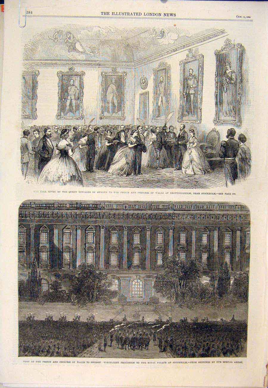 Original Old Antique Print Drottingham Stockholm Sweden Gripsholm Prince Wales