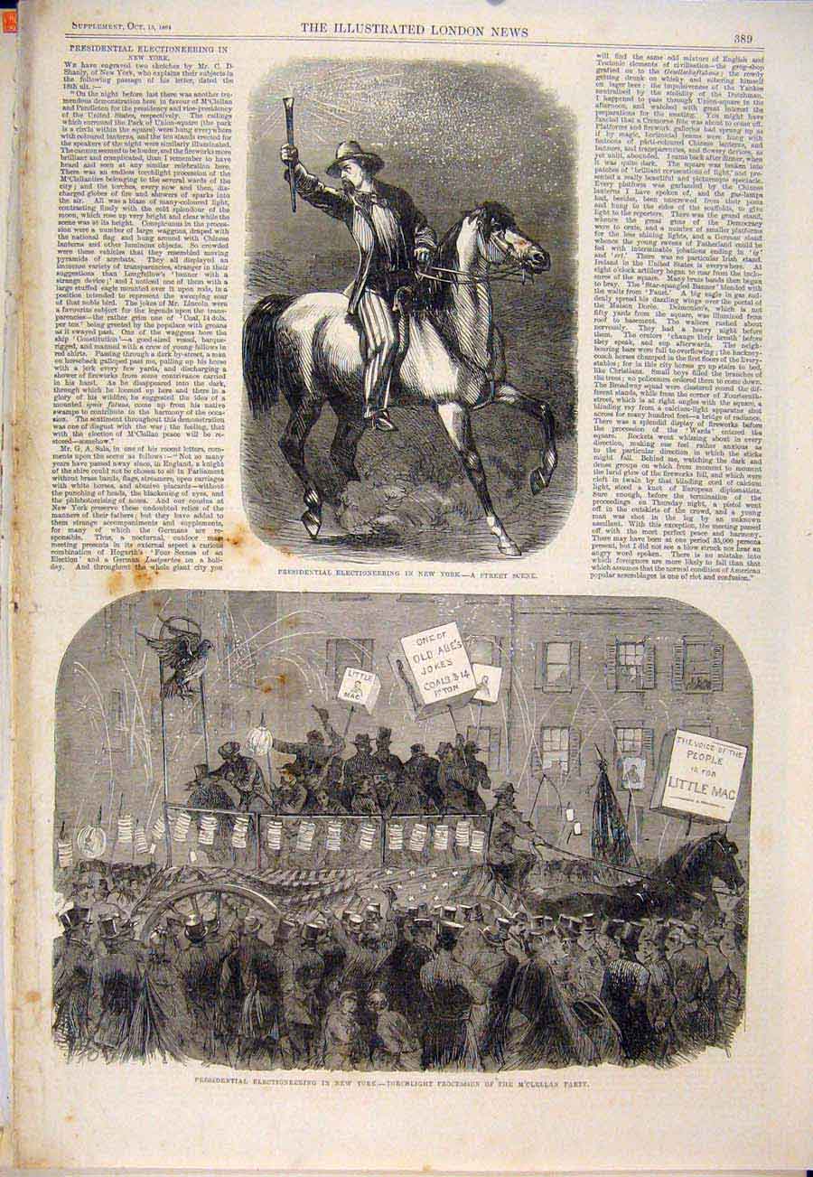 Original Old Antique Print New York America Mclellan Election Vote 1864 19th
