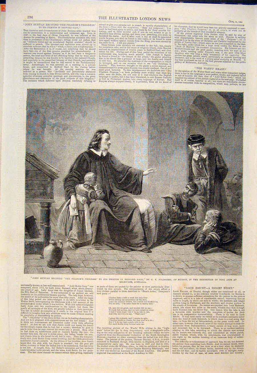 Original Old Antique Print Bunyan Pilgrim Bedford Goal Folingsby Munich 1864