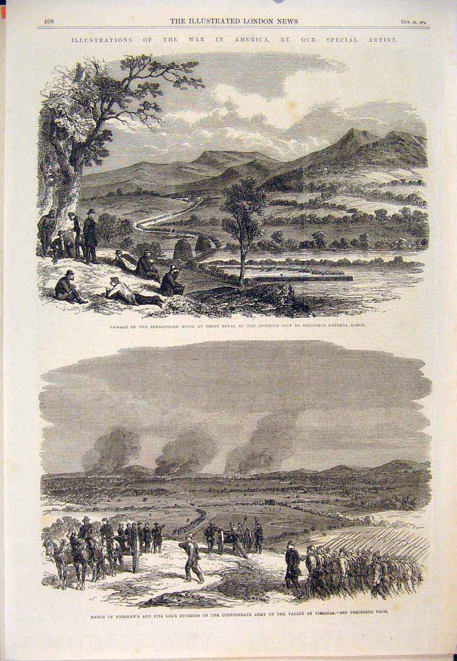 Original Old Antique Print Shenandoah River Royal Kershaw Viginia Civil War 1864