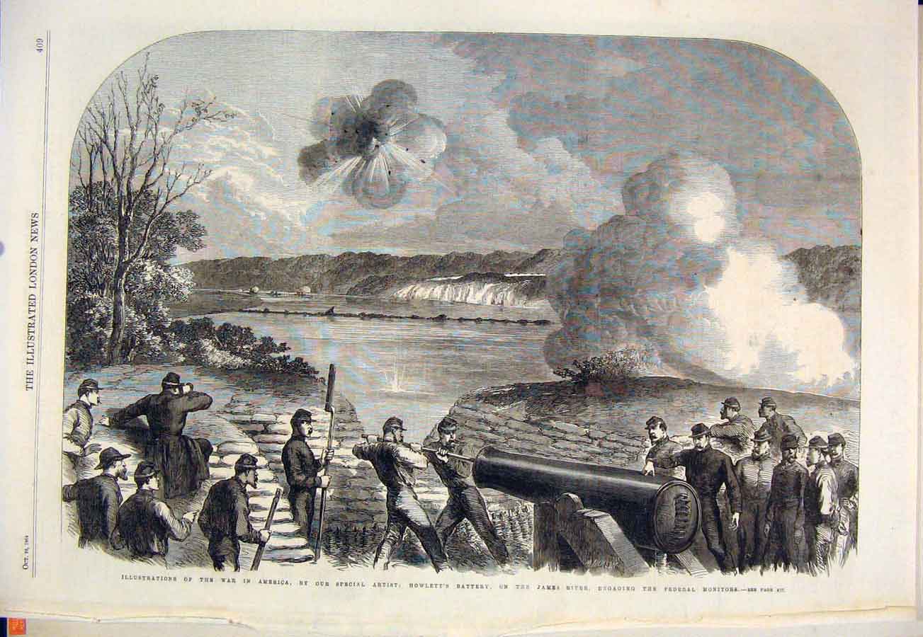 Original Old Antique Print America War James River Cannon Siers 1864 Victorian