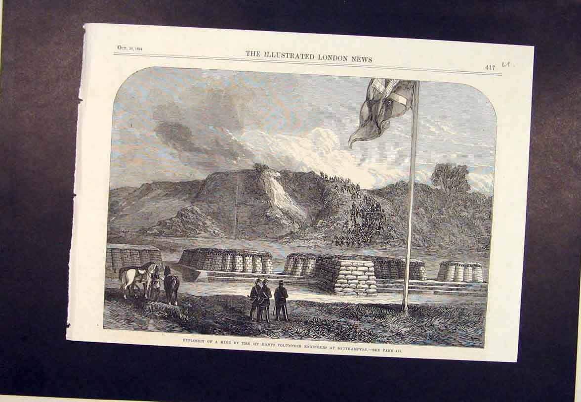 Original Old Antique Print Southampton Hants Volunteer Engineers Mine 1864 19th