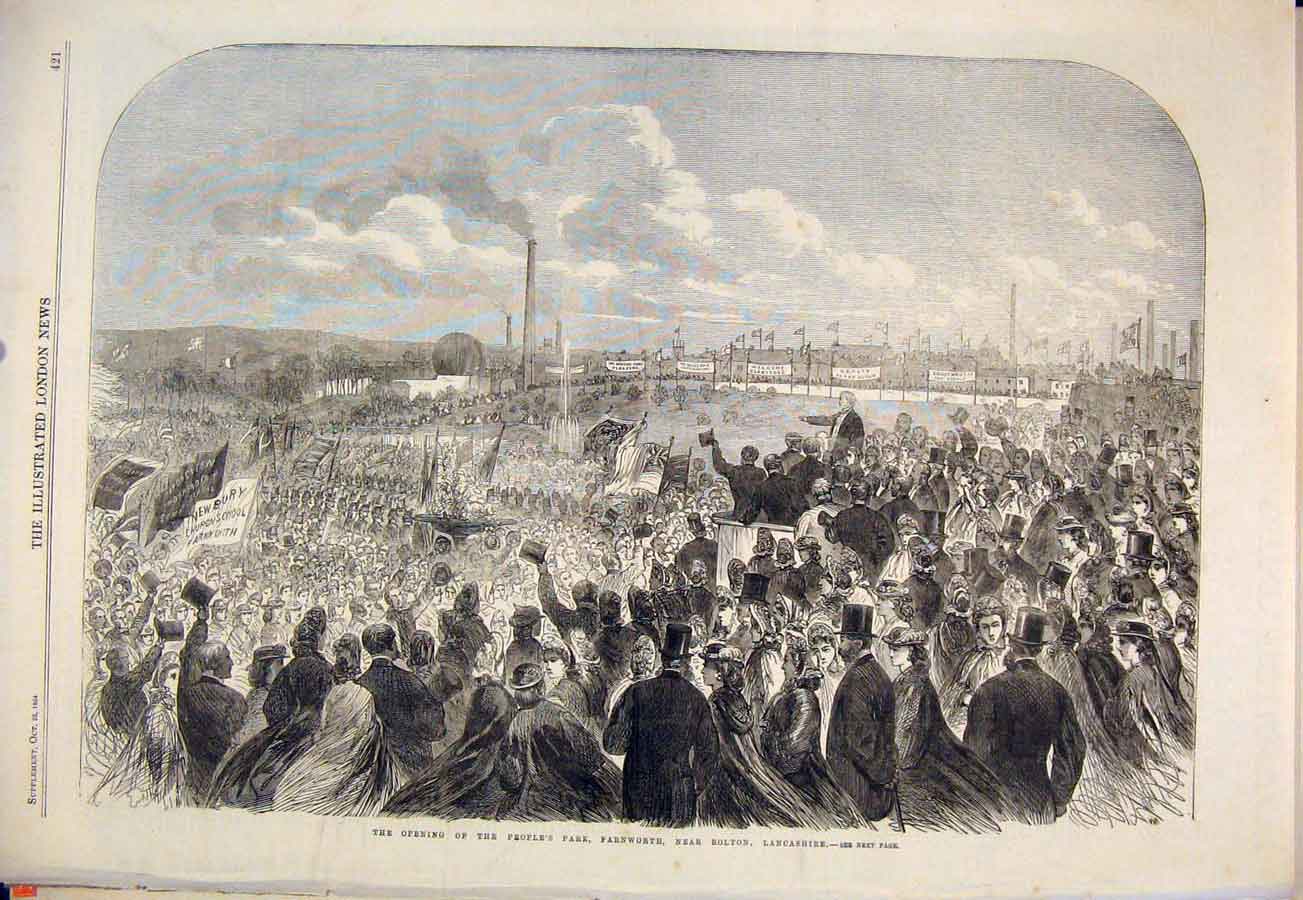Original Old Antique Print Farmworth Bolton Lancs Park 1864 19th