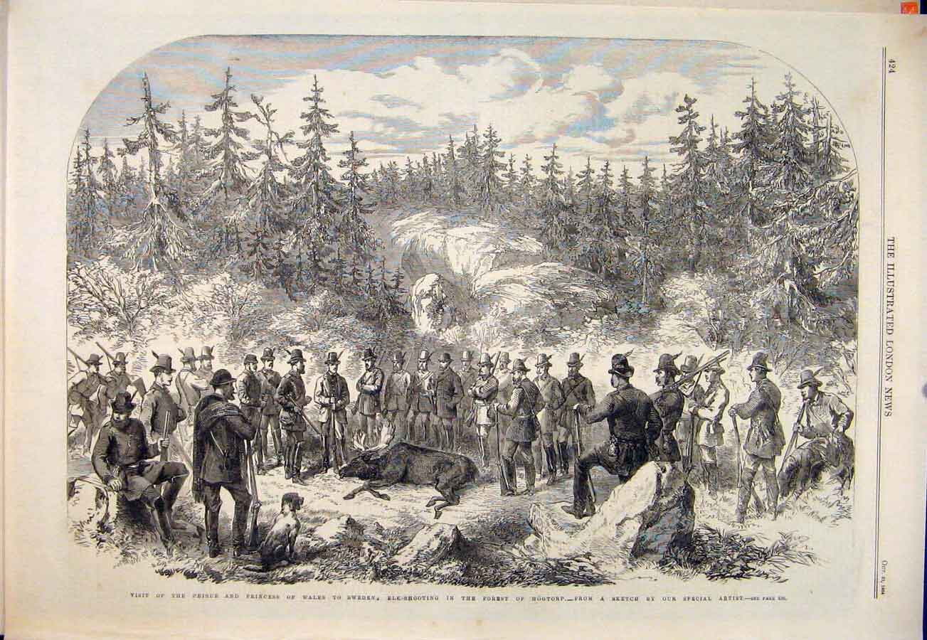 Original Old Antique Print Elk Shooting Hunting Wales Royal Hogtorp Denmark 1864