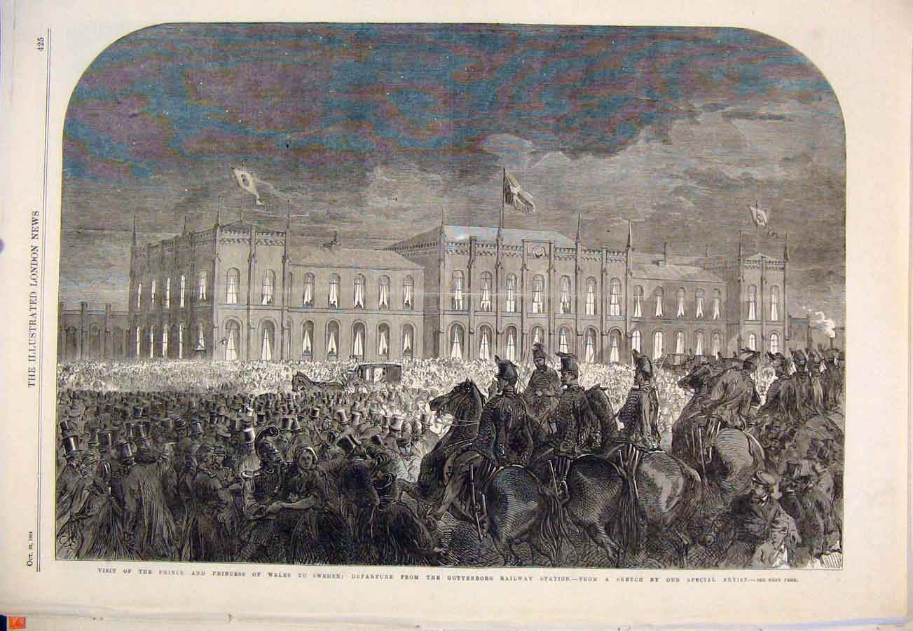 Original Old Antique Print Sweden Gottonborg Railway Prince Wales 1864 Victorian