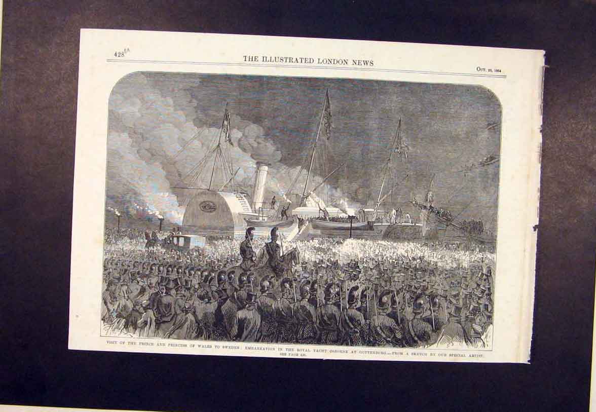 Original Old Antique Print Sweden Gottenborg Osborne Yacht Prince Wales 1864