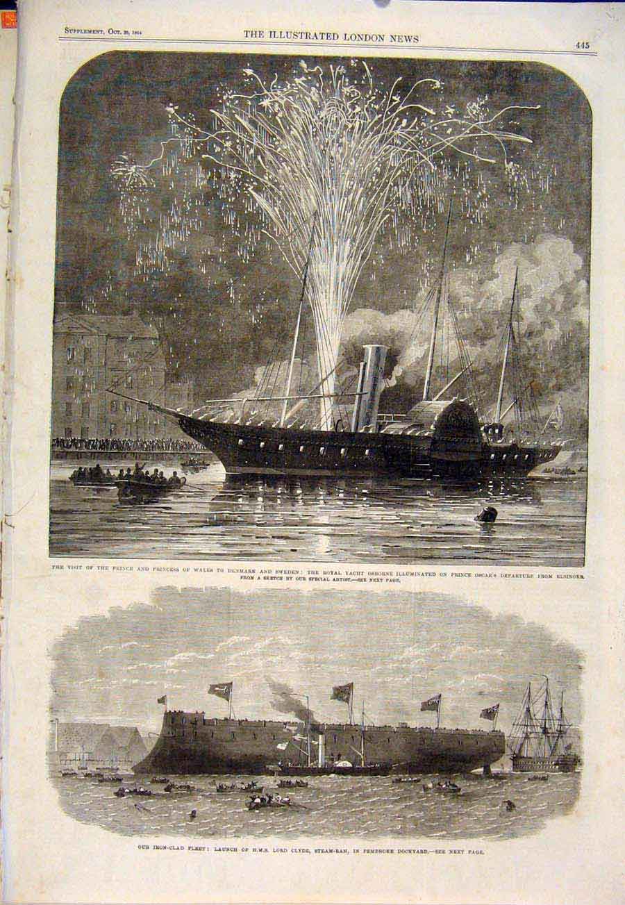Original Old Antique Print Royal Yacht Prince Princess Wales Clyde Osbourne 1864