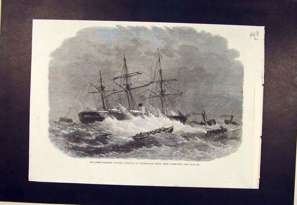 Original Old Antique Print Ontario Steamer Harborough Sands Yarmouth Wreck 1864