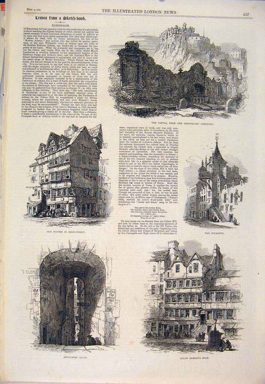 Original Old Antique Print Edinburgh Scotland Castle Greyfriars Ramsay Tolbooth
