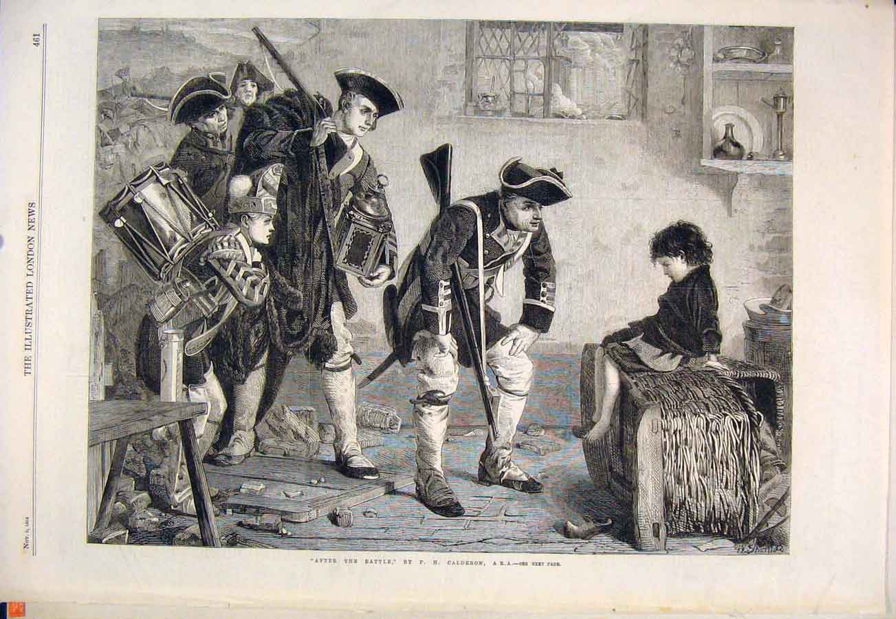 Original Old Antique Print Battle Calderon Child Siers Troops Fine Art 1864 19th