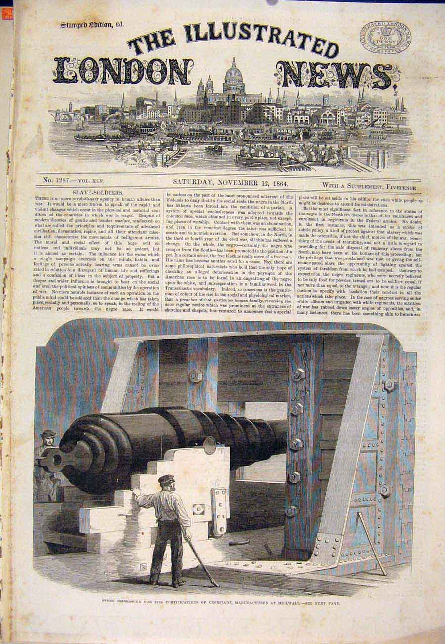Original Old Antique Print Millwall Cannon Cronstadt Steel 1864 19th