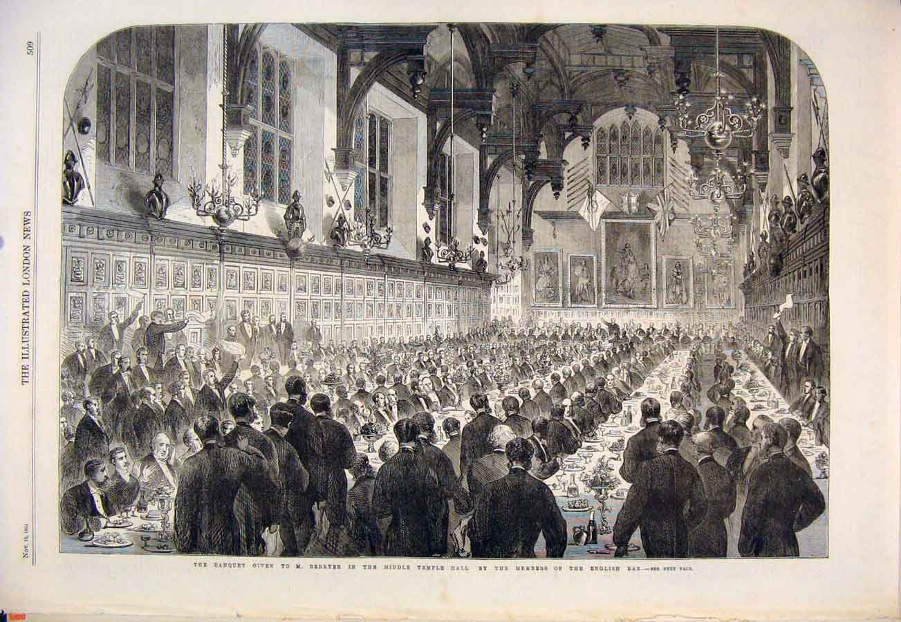 Original Old Antique Print Banquet Berryer Temple Hall Members English Bar 1864
