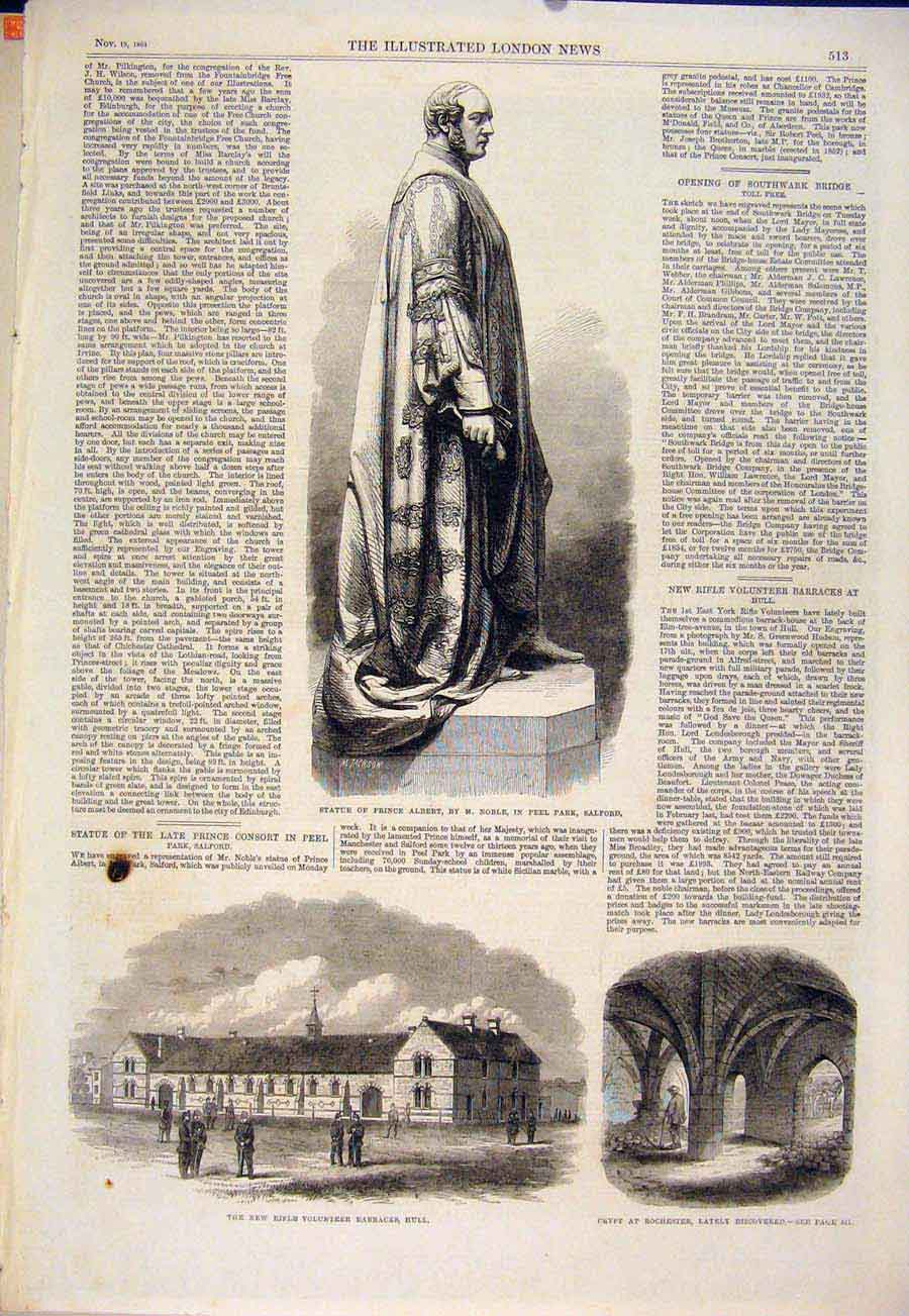 Original Old Antique Print Statue Prince Albert Salford Peel Park 1864 Victorian