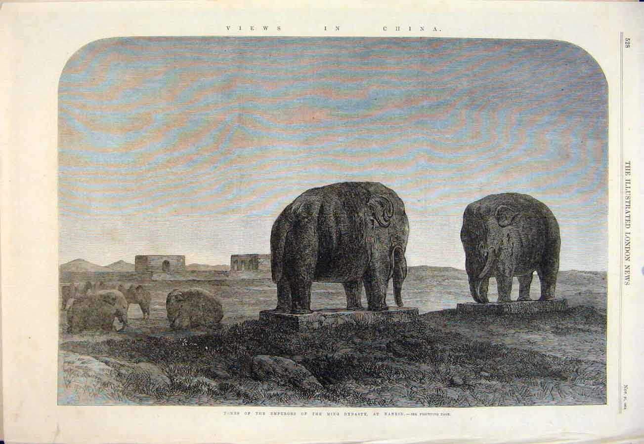 Original Old Antique Print Ming Dynasty Tomb Nankin Emperor Elephant Elephants