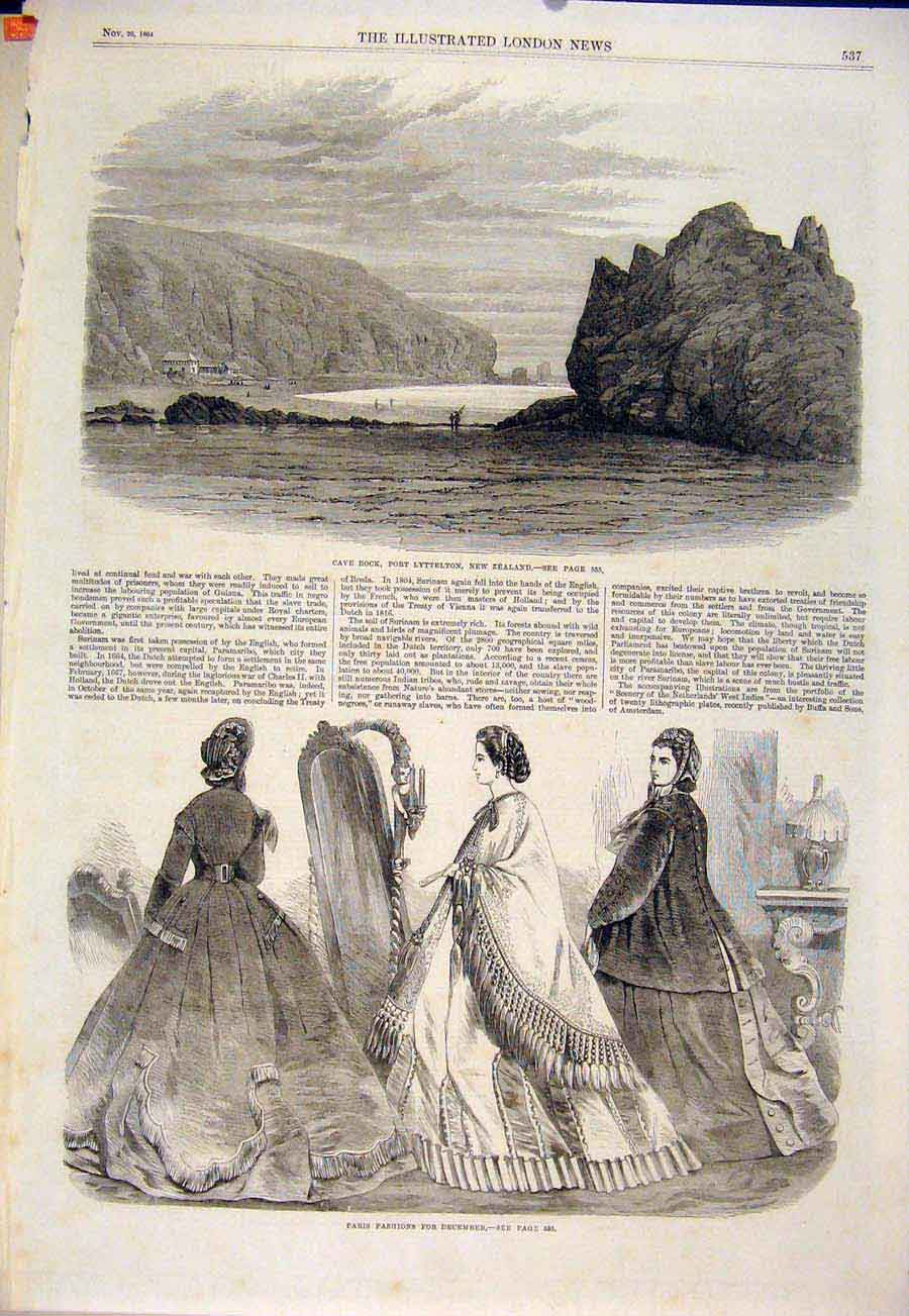 Original Old Antique Print New Zealand Lyttleton Cave Rock Paris Fashion 1864