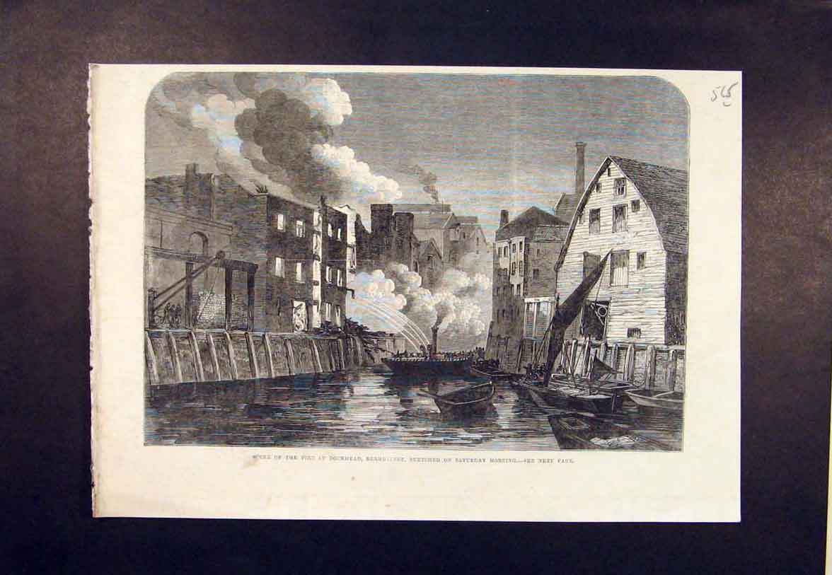 Original Old Antique Print Fire Dockhead Burmonsey London 1864 19th