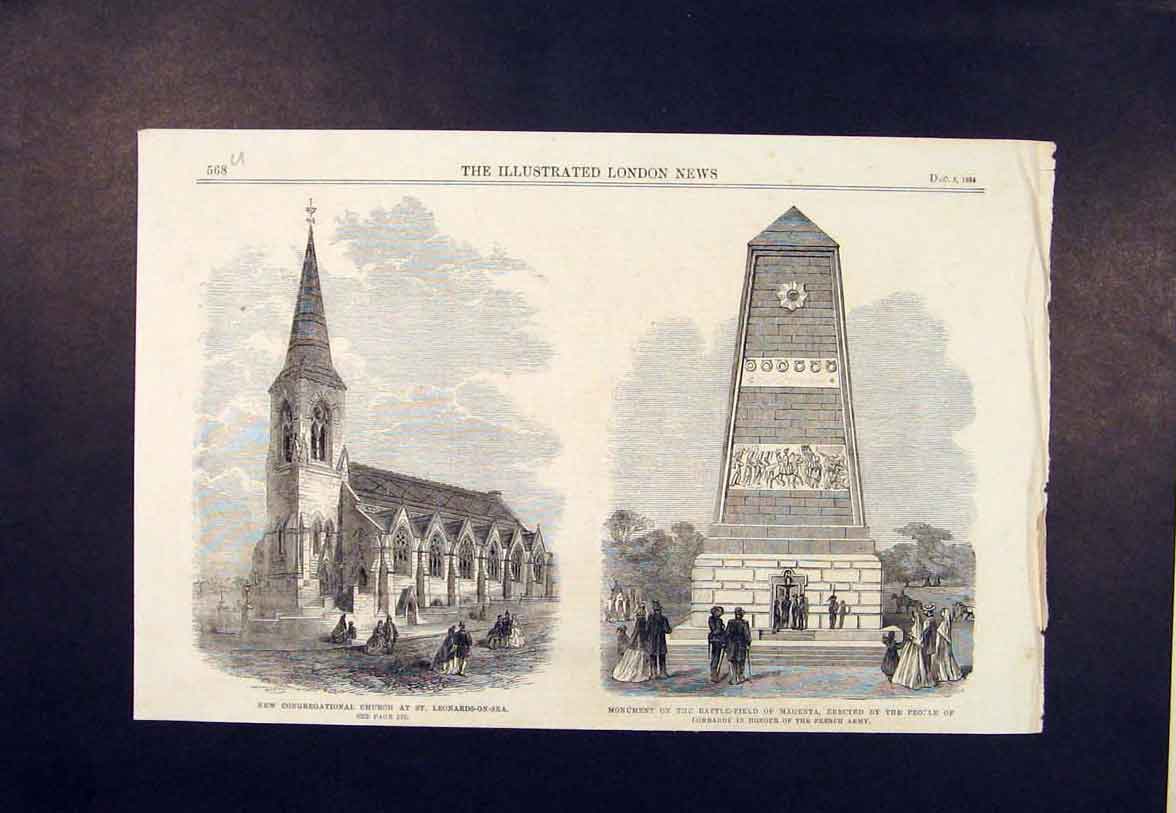 Original Old Antique Print Church St Leonards-On-Sea Monument Magenta 1864 19th