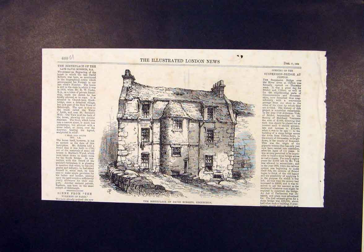 Original Old Antique Print Edeinburgh Birthplace Roberts Stockbridge 1864 19th